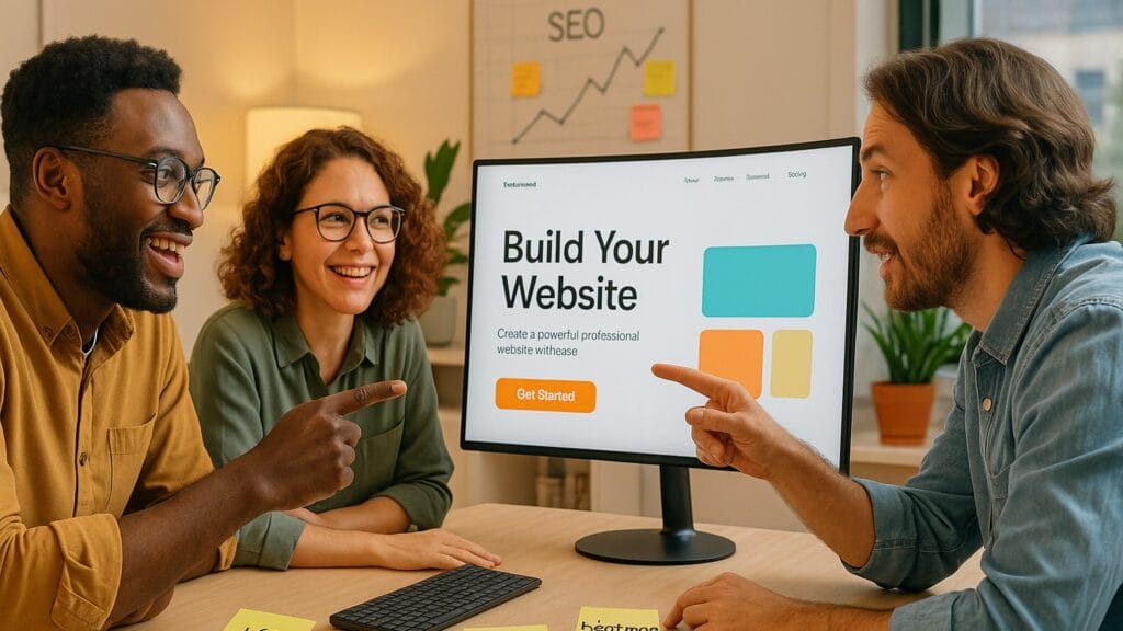 Webbteam diskuterar engagerat ny ren startsida med tydligt värdeerbjudande och framträdande call-to-action-knapp.