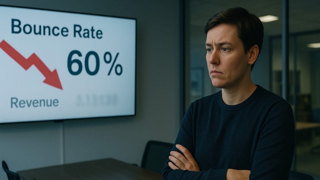Marknadschef står oroligt framför skärm som visar 60 % avhopp och fallande intäktsgraf.