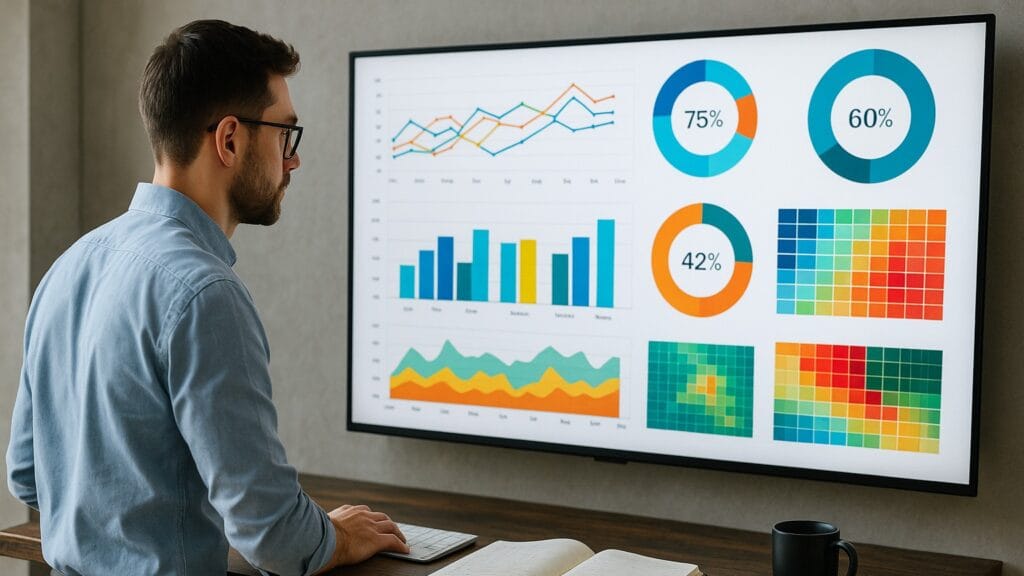 En manlig analytiker står vid ett ståbord med anteckningsblock och kaffemugg och tittar på en väggmonterad skärm fylld med färgglada KPI-diagram, staplar och heatmaps. Rummet är ljust med betongvägg i bakgrunden.