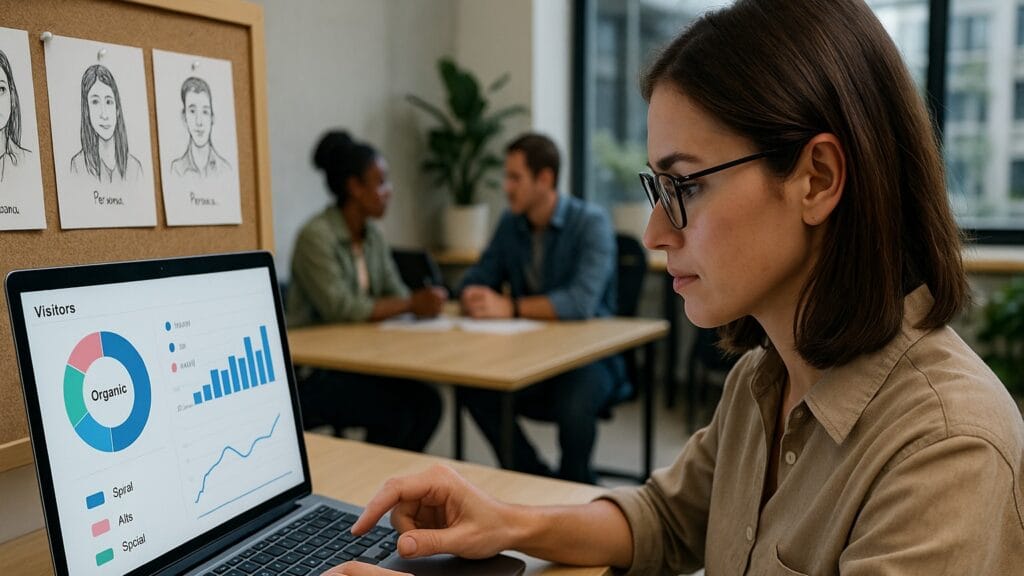 En ung kvinna med glasögon sitter vid ett minimalistiskt skrivbord och granskar webbplatsbesöksdata på sin laptop. På skärmen syns cirkeldiagram och stapeldiagram, och bakom henne finns en anslagstavla med handritade personas och kontorsväxter.
