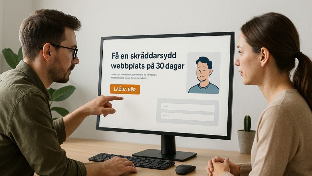 En webbdesigner och en klient sitter i ett ljust kontorsrum och granskar en landningssida på en stor skärm. På skärmen syns en rubrik, kundlogotyper och ett kort formulär. Designern pekar på skärmen medan klienten lyssnar.