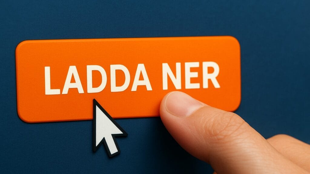 Närbild av en person som trycker på en stor orange knapp med texten “LADDA NER” på en mörkblå bakgrund. En vit muspekare är placerad precis intill knappen, och fingret framhäver knappens starka kontrast.