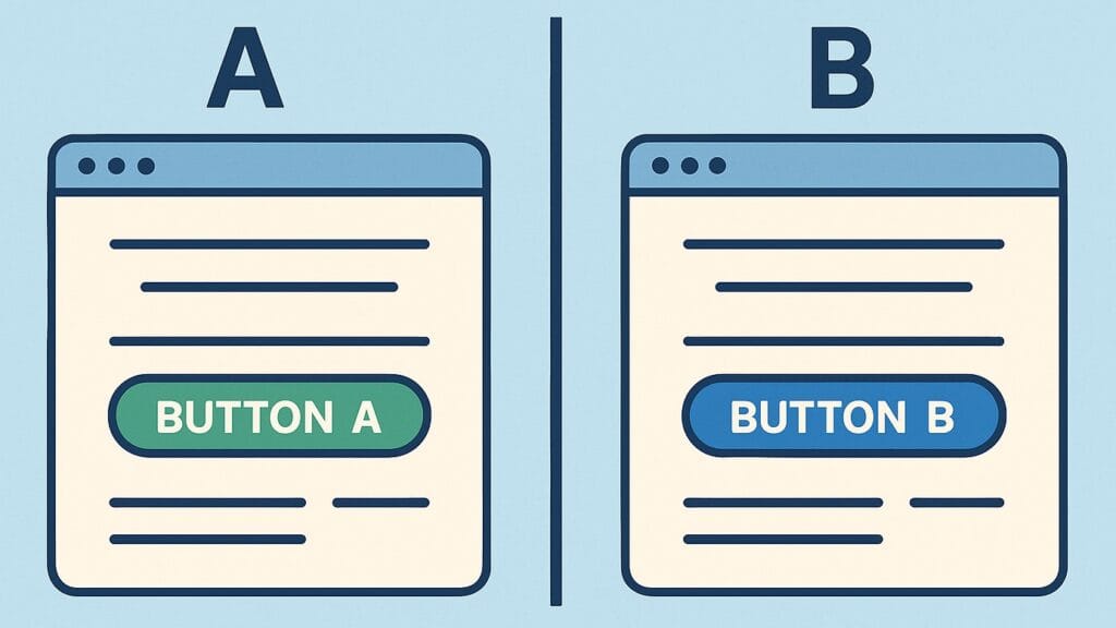 En stilren infographic i två paneler märkt “A” och “B” som visar två varianter av en webbsida. Varje panel innehåller knapp, rubrik och layoutskillnader för ett A/B-test, med texten “A/B TEST” nedanför.