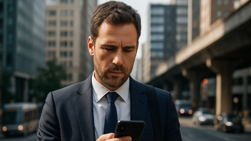 affärsman som tittar på sin telefon