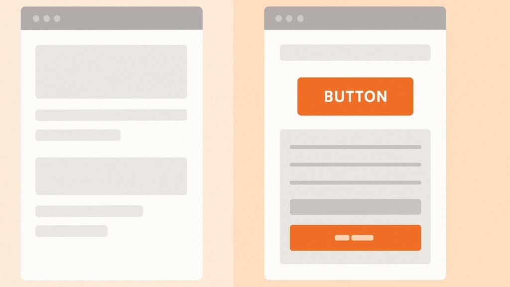 Jämförelse mellan snygg sida utan CTA och sida med tydlig CTA.