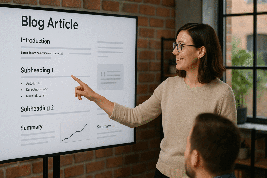 Person pekar på stor skärm med struktur för bloggartikel, inklusive rubriker och innehållsblock.