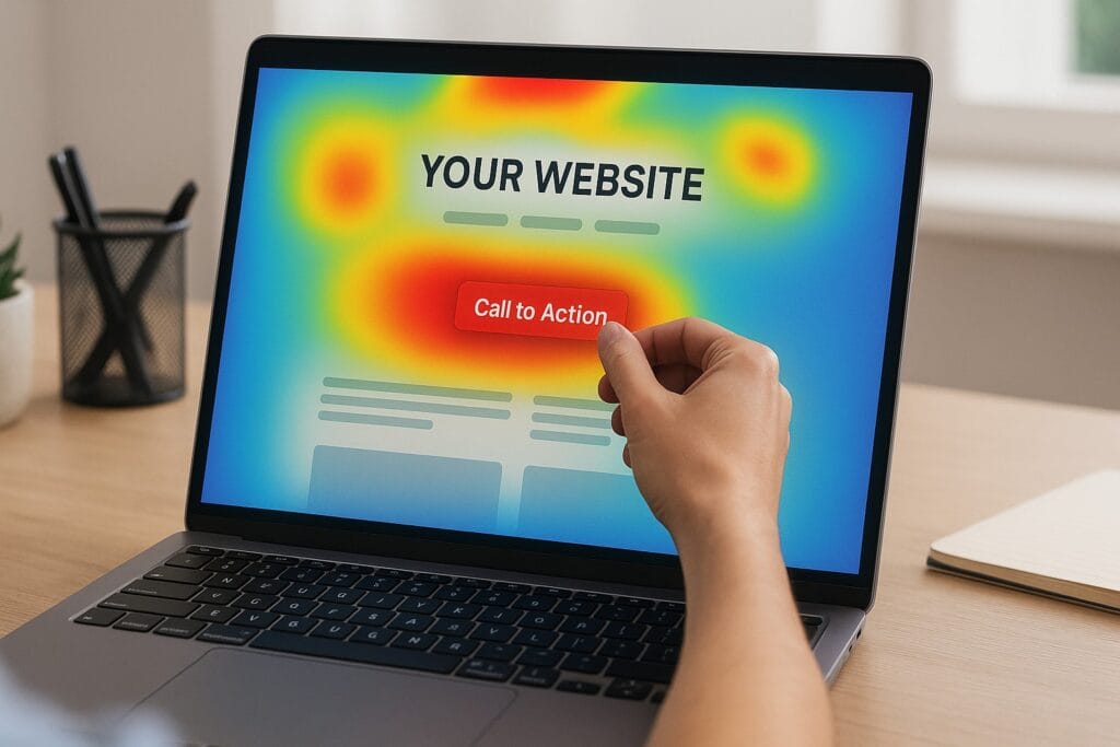 Laptop med heatmap-visualisering av en webbsida där fokus ligger på en ‘Call to Action’-knapp.