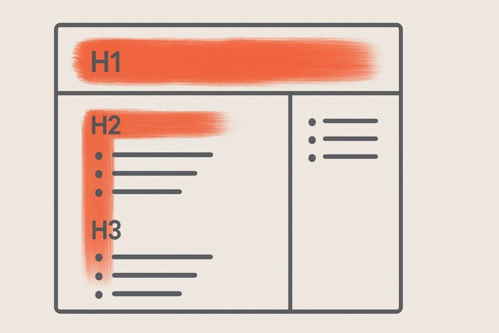 Illustration av webbsidans rubrikstruktur med H1, H2 och H3 och visuella markerade sektioner.