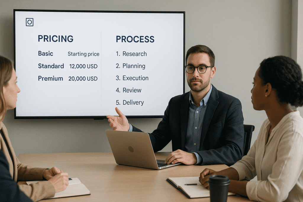 Möte där person presenterar prissättning och arbetsprocess på en skärm för två kollegor.
