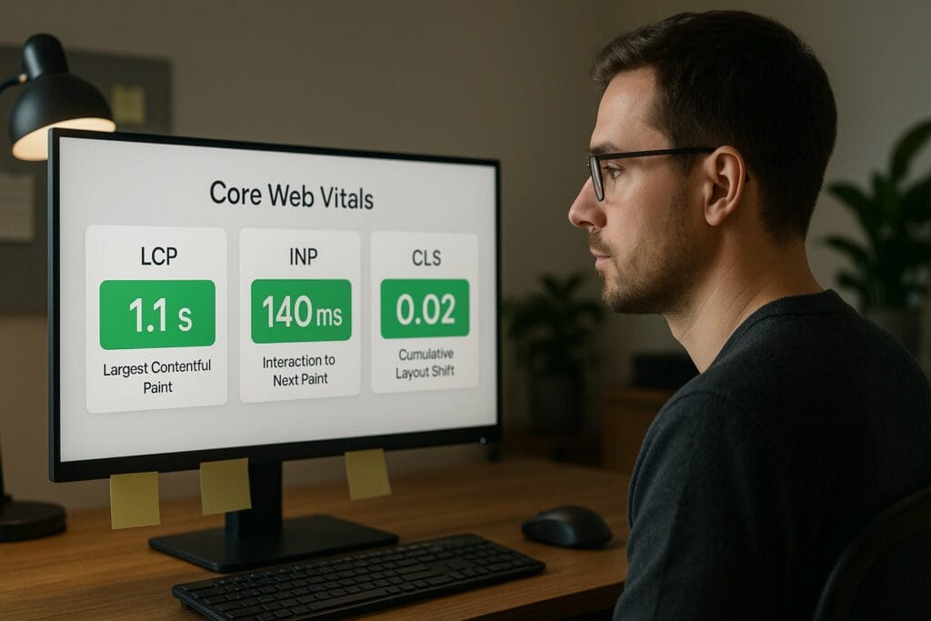 Person vid dator som analyserar Core Web Vitals med siffror för LCP, INP och CLS på skärmen.
